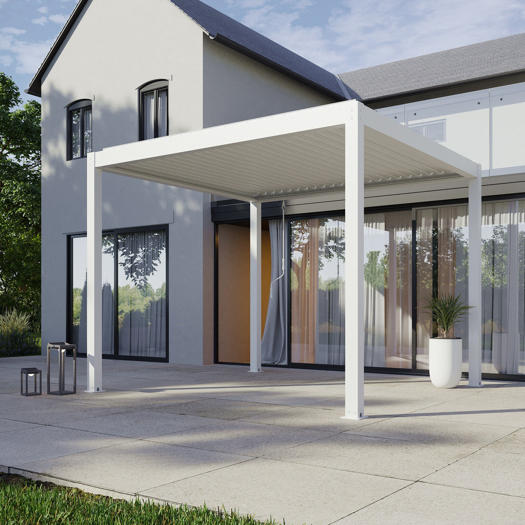 PergoSTET Plus 3m x 3m Square Pergola with 3 Manual Side Blinds and LED Lighting in White