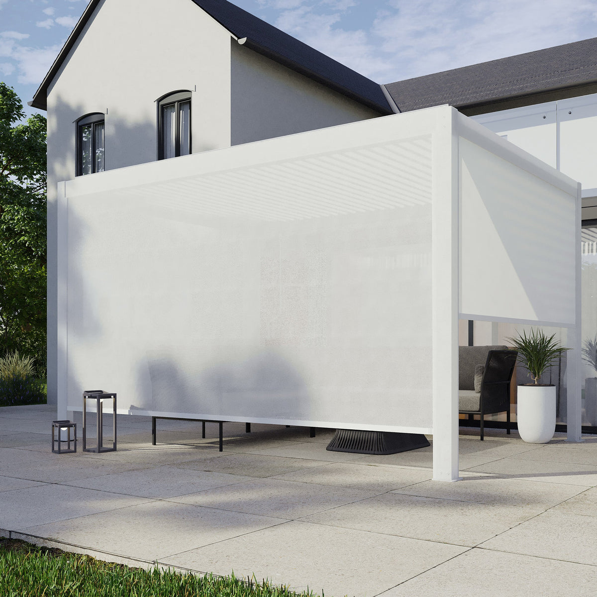 PergoSTET Plus 3m x 3m Square Pergola with 3 Manual Side Blinds and LED Lighting in White