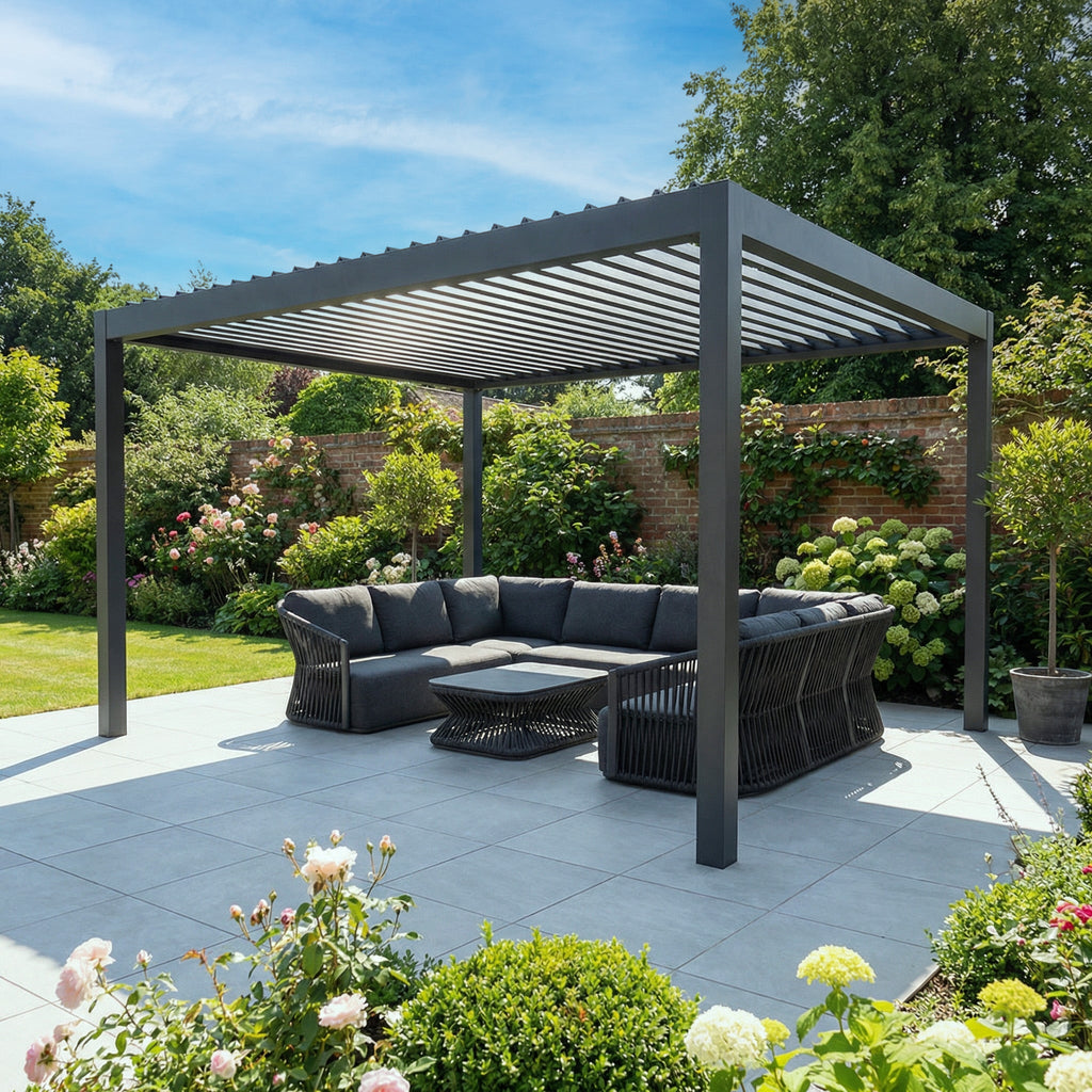 PergoSTET Deluxe Frame Only 3m x 4m Rectangular Pergola with Motorised LED Louvres in Grey
