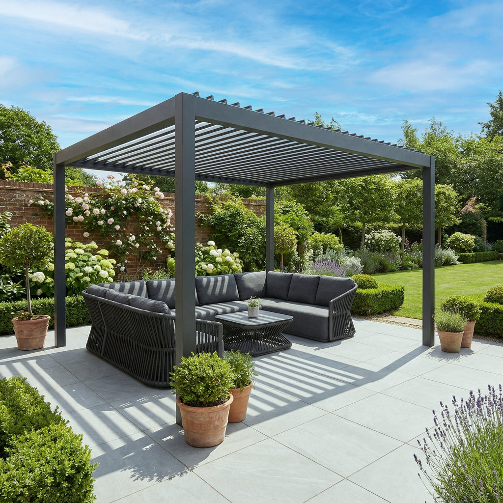 PergoSTET Deluxe Frame Only 3m x 4m Rectangular Pergola with Motorised LED Louvres in Grey