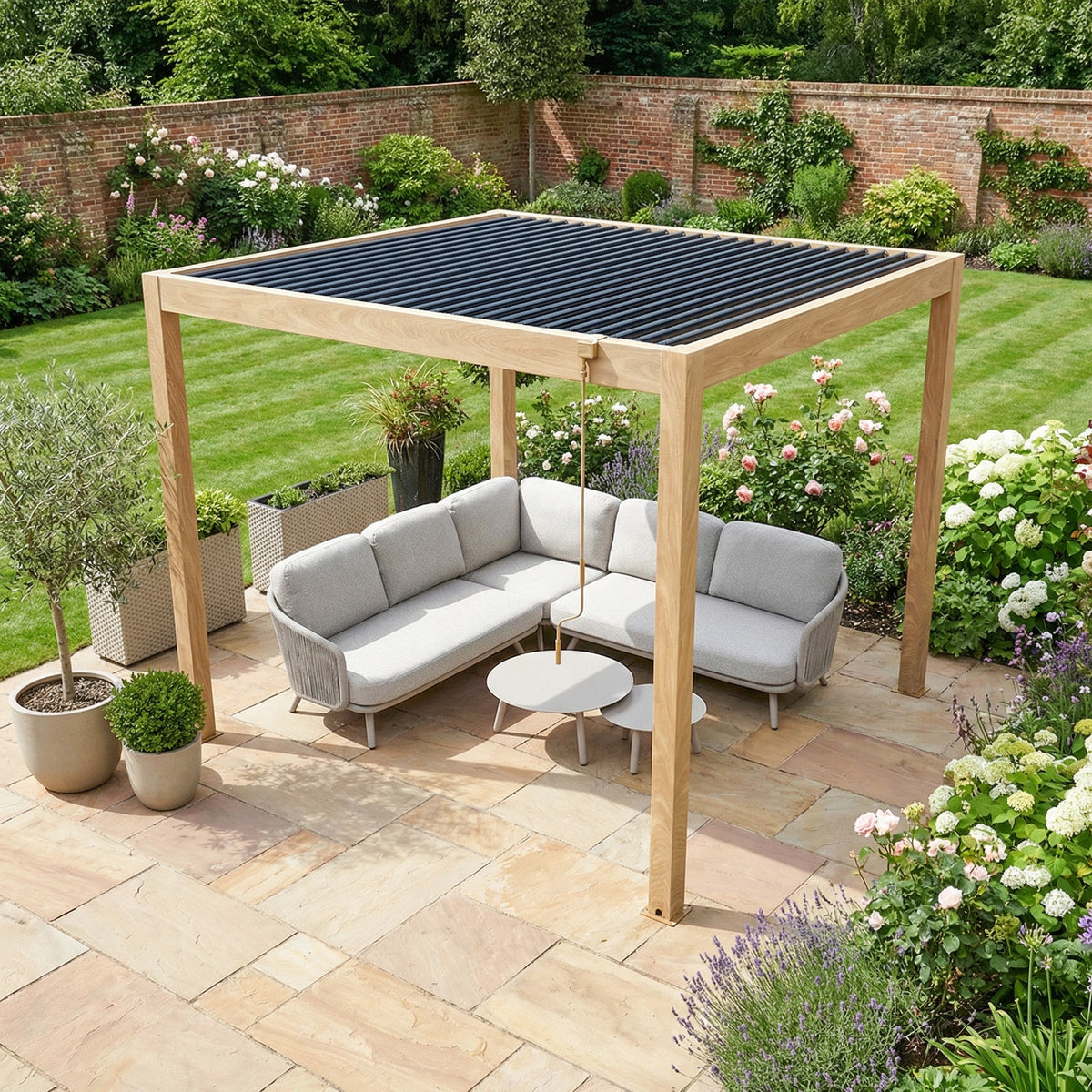 PergoSTET Plus Frame Only 3m x 3m Square Pergola with LED Lighting in Wood Effect