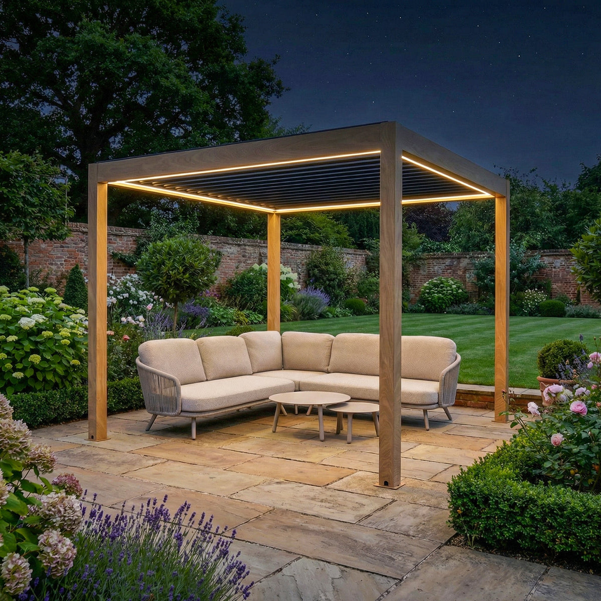PergoSTET Plus Frame Only 3m x 3m Square Pergola with LED Lighting in Wood Effect
