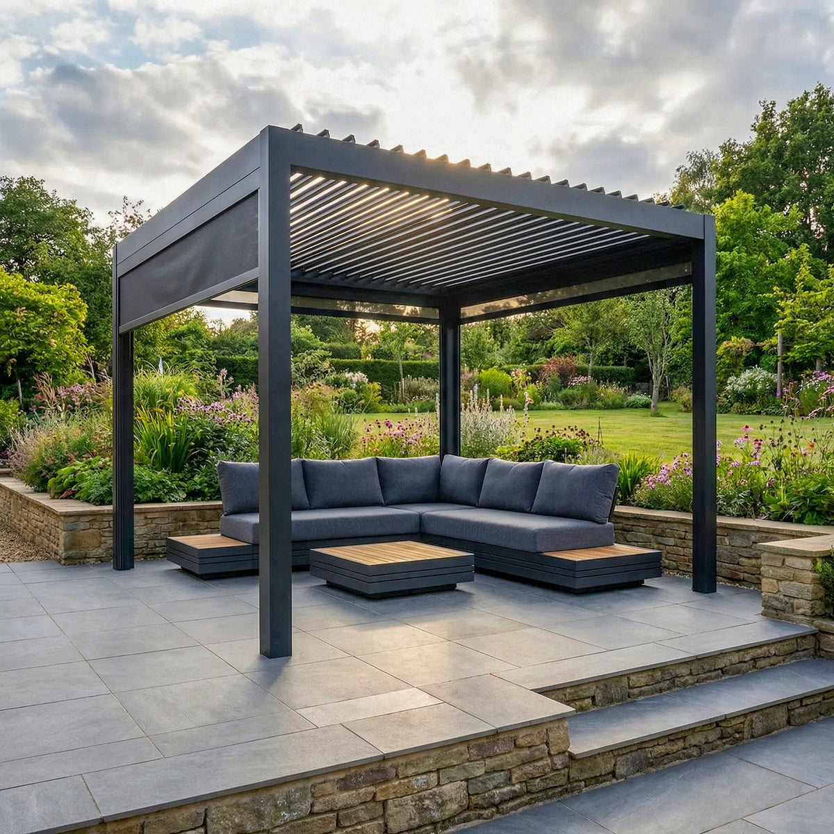 PergoSTET Deluxe 3m x 3m Square Pergola with Motorised LED Louvres and 3 Manual Side Blinds in Grey