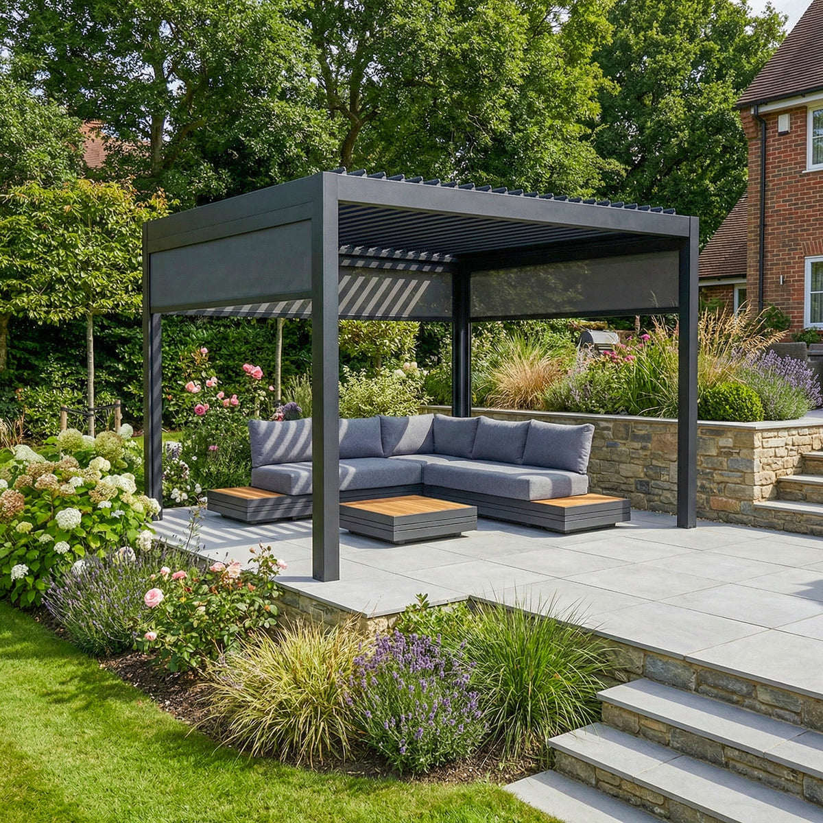 PergoSTET Deluxe 3m x 3m Square Pergola with Motorised LED Louvres and 3 Manual Side Blinds in Grey