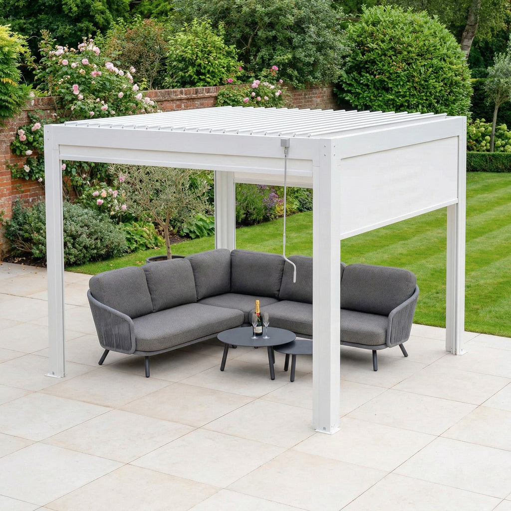 PergoSTET Plus 3m x 3m Square Pergola with 3 Manual Side Blinds and LED Lighting in White