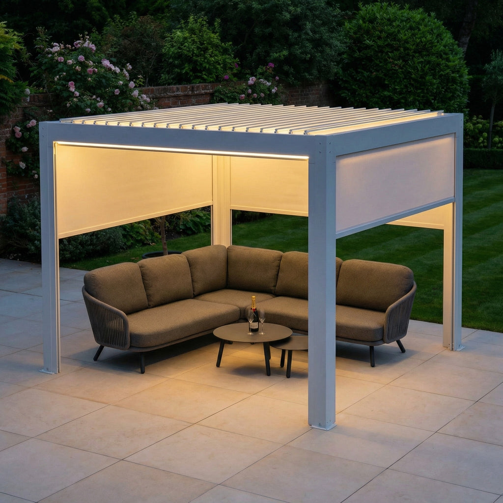 PergoSTET Plus 3m x 3m Square Pergola with 3 Manual Side Blinds and LED Lighting in White