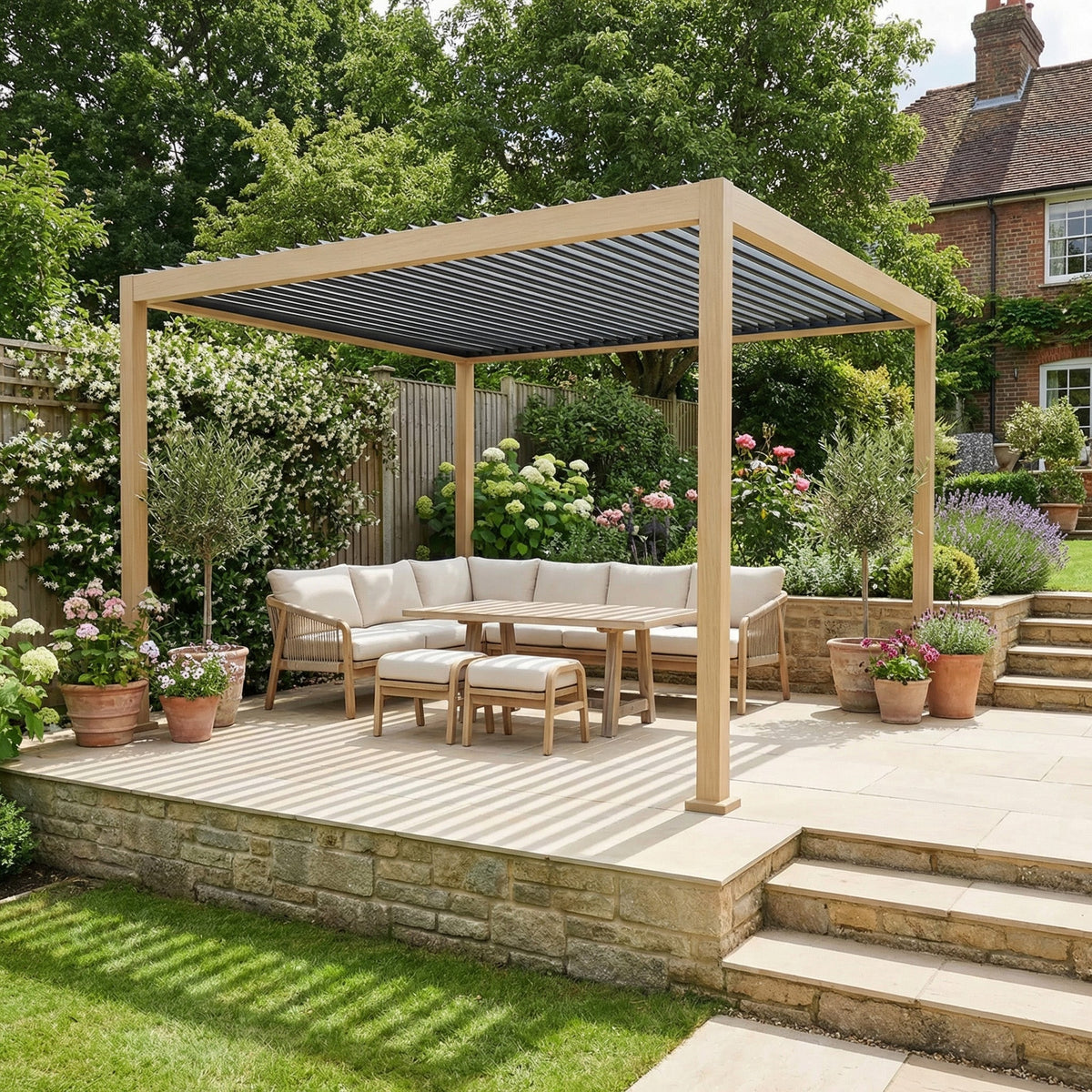 PergoSTET Lite Neo 3m x 4m Metal Rectangular Pergola with Wood Effect