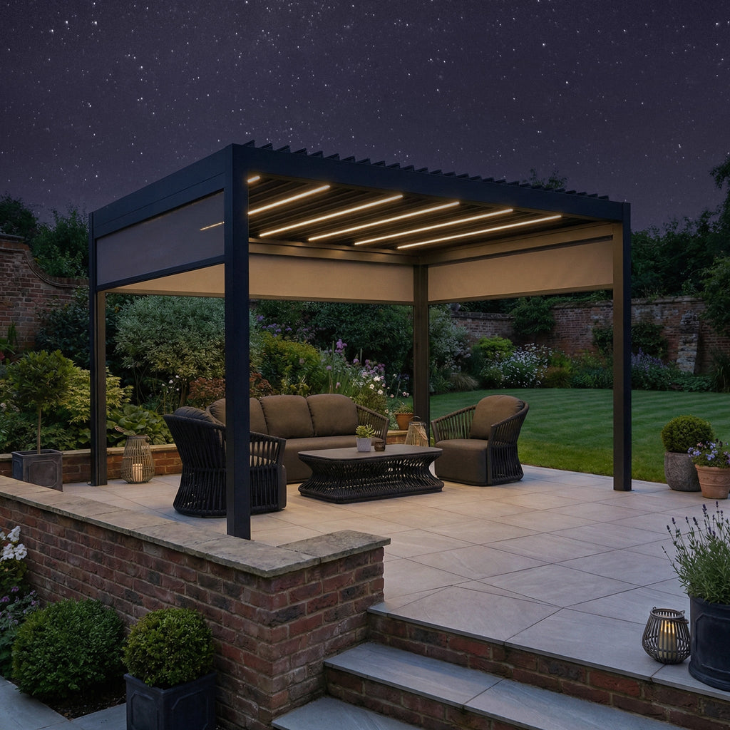 PergoSTET Deluxe 3m x 4m Rectangular Pergola with Motorised LED Louvres and 3 Manual Side Blinds in Grey