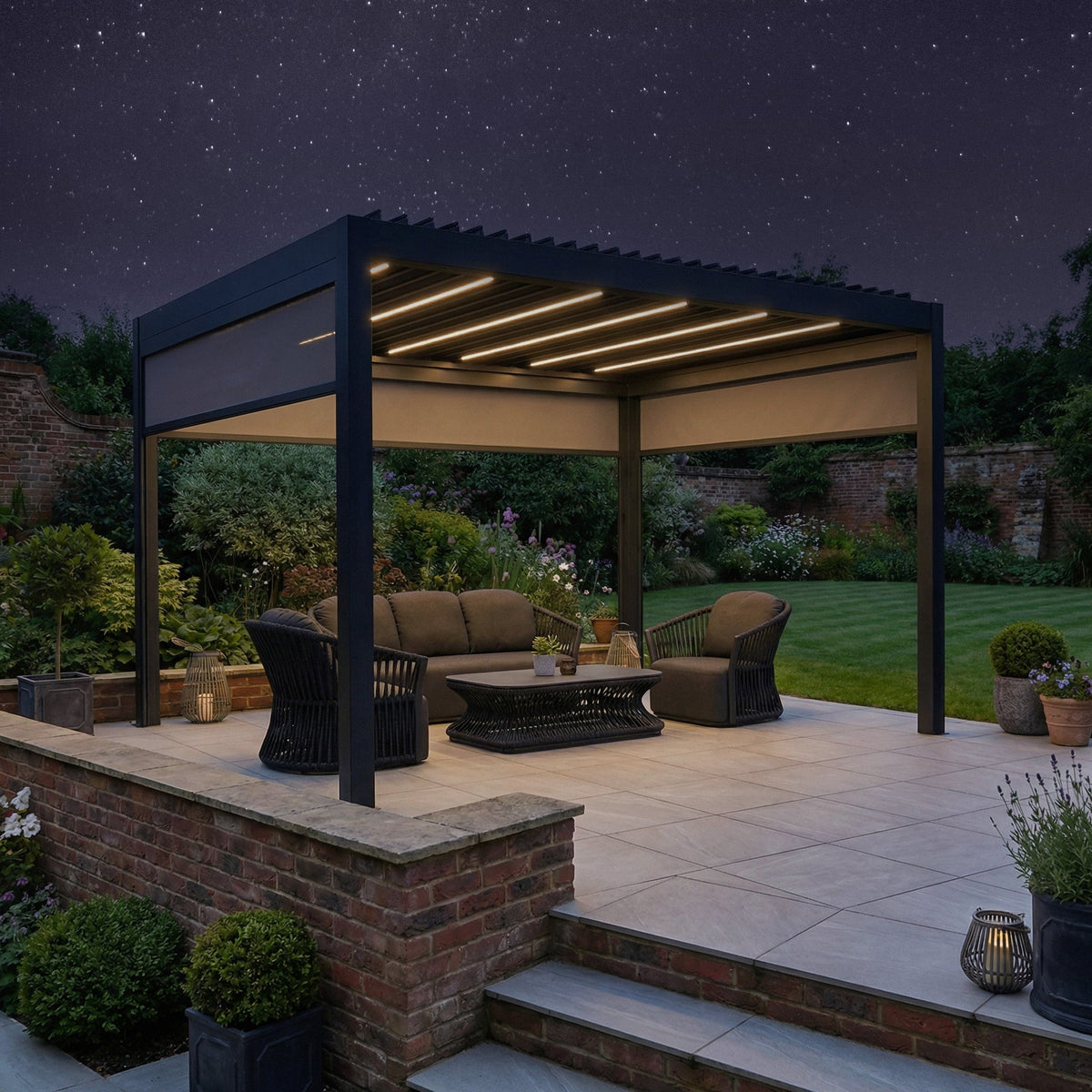 PergoSTET Deluxe 3m x 4m Rectangular Pergola with Motorised LED Louvres and 3 Manual Side Blinds in Grey