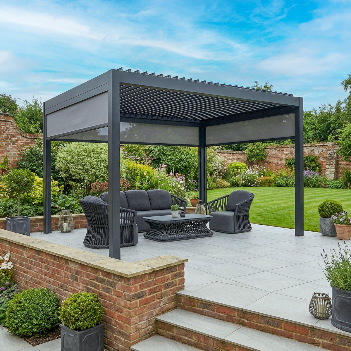 PergoSTET Deluxe 3m x 4m Rectangular Pergola with Motorised LED Louvres and 3 Manual Side Blinds in Grey