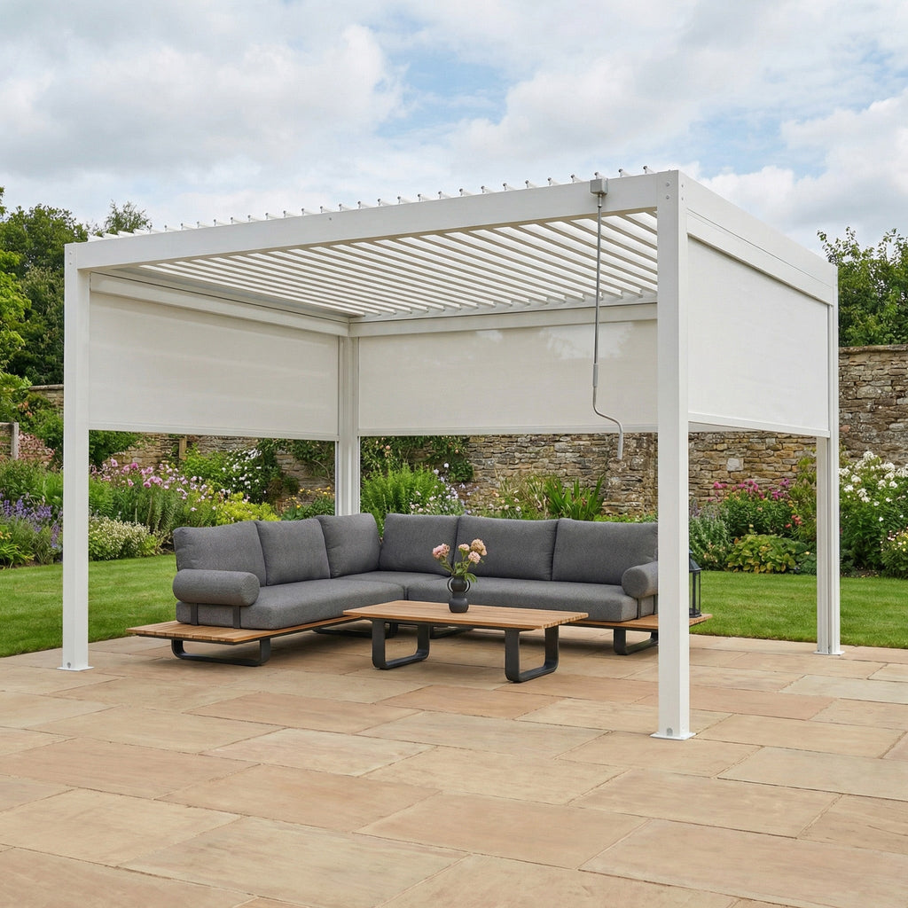 PergoSTET Plus 3m x 4m Rectangular Pergola with 3 Manual Side Blinds and LED Lighting in White