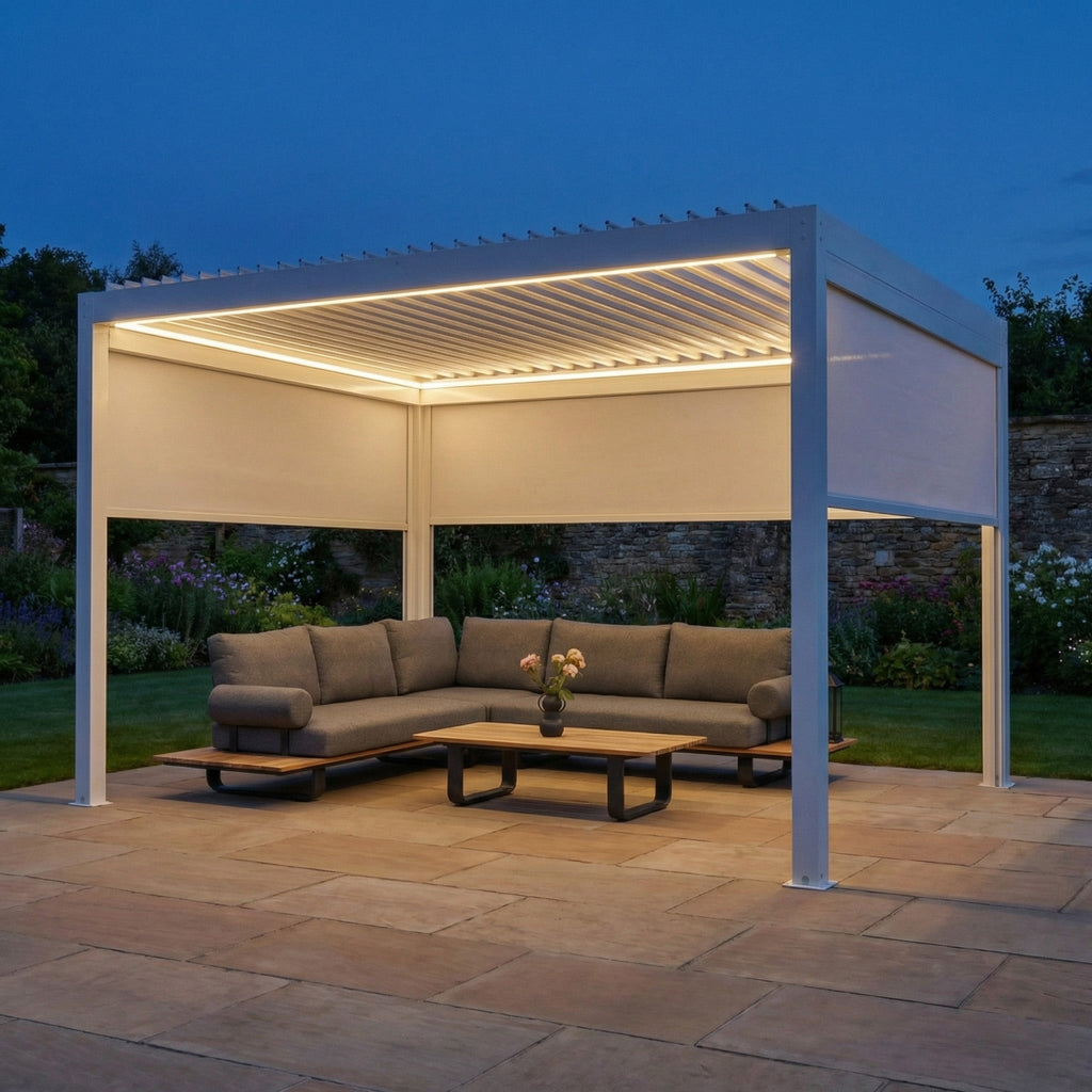 PergoSTET Plus 3m x 4m Rectangular Pergola with 3 Manual Side Blinds and LED Lighting in White