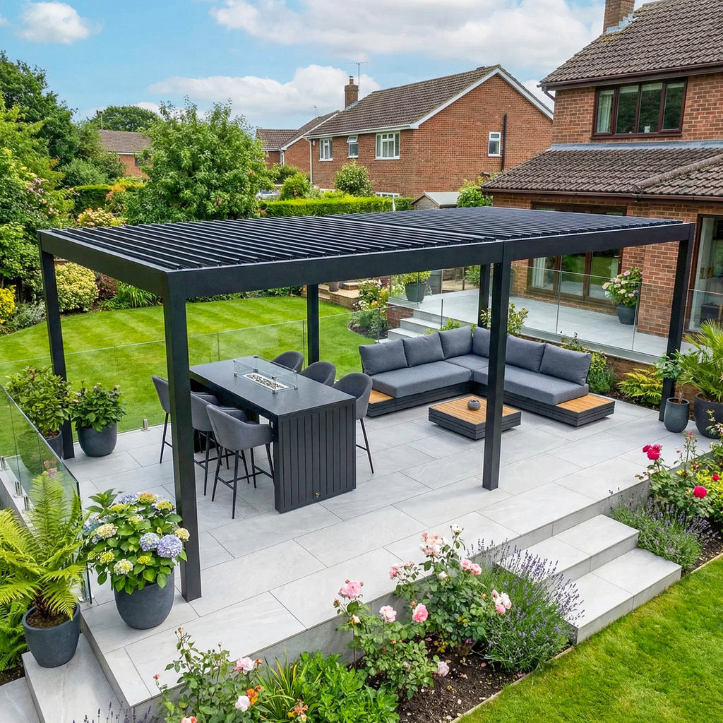 PergoSTET Deluxe Frame Only 3m x 6m Rectangular Pergola with Motorised LED Louvres in Grey