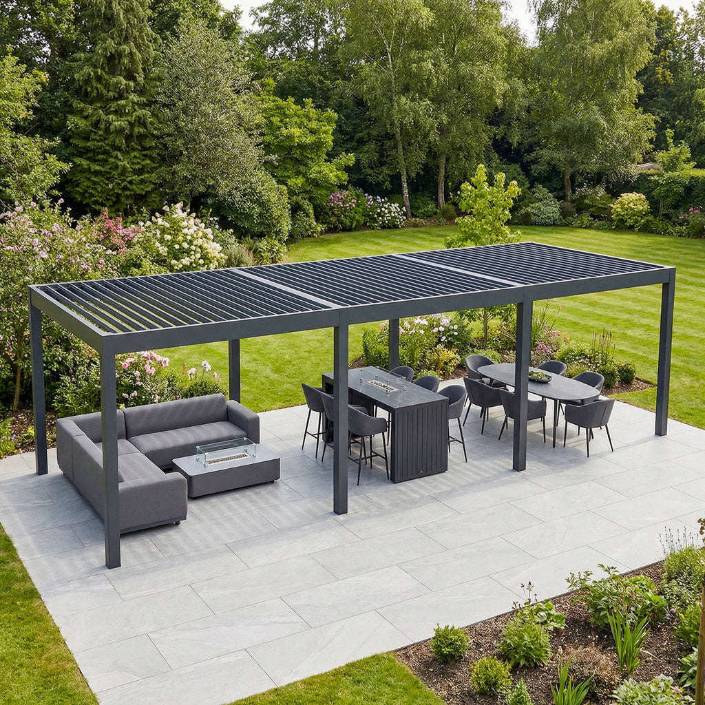 PergoSTET Deluxe Frame Only 3m x 9m Rectangular Pergola with Motorised LED Louvres in Grey