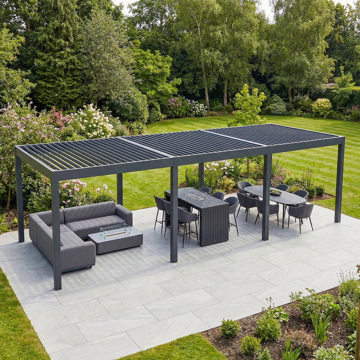 PergoSTET Deluxe Frame Only 3m x 9m Rectangular Pergola with Motorised LED Louvres in Grey