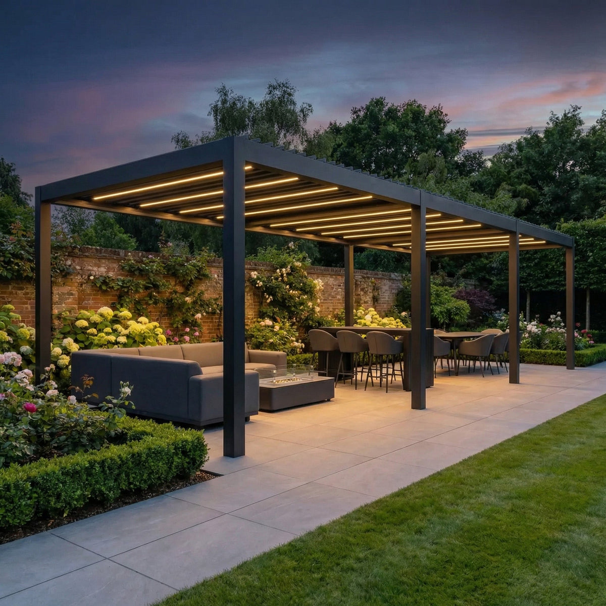 PergoSTET Deluxe Frame Only 3m x 9m Rectangular Pergola with Motorised LED Louvres in Grey