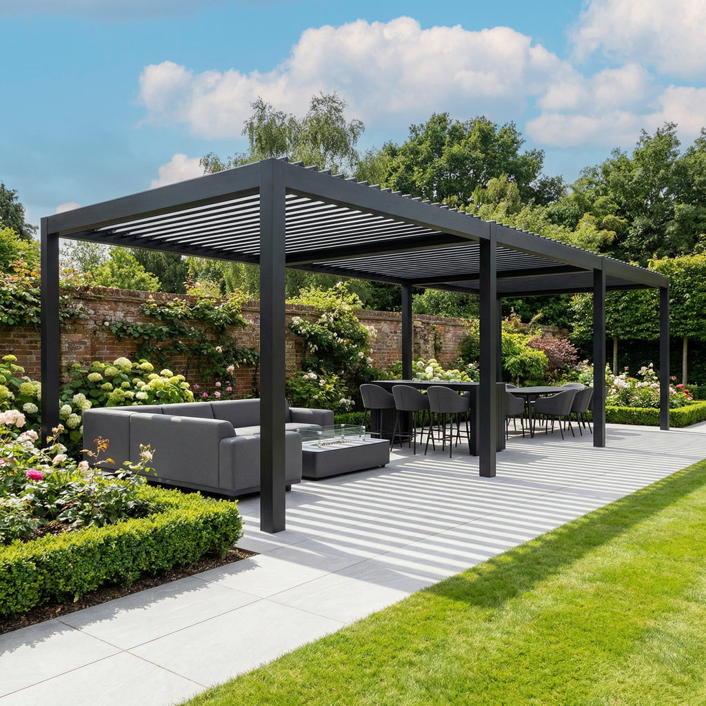 PergoSTET Deluxe Frame Only 3m x 9m Rectangular Pergola with Motorised LED Louvres in Grey