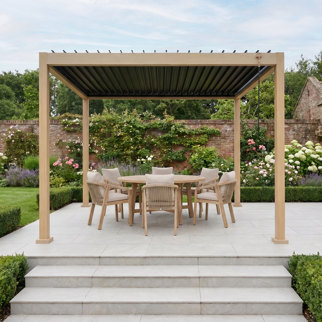 PergoSTET Lite Neo 3m x 3m Metal Square Pergola in Wood Effect
