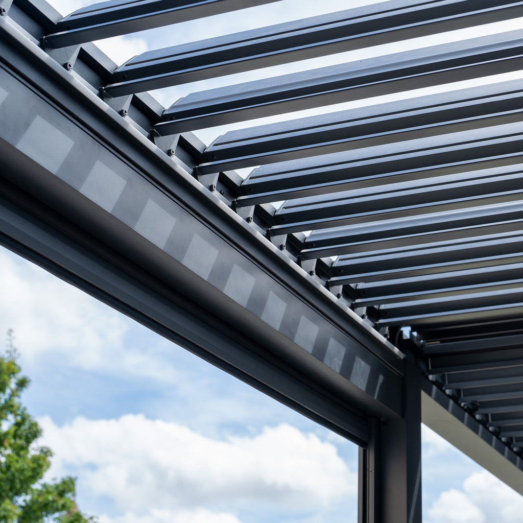 PergoSTET Deluxe 3m x 6m Rectangular Pergola with Motorised LED Louvres, Louvred Side Panels and Manual Side Blinds in Grey