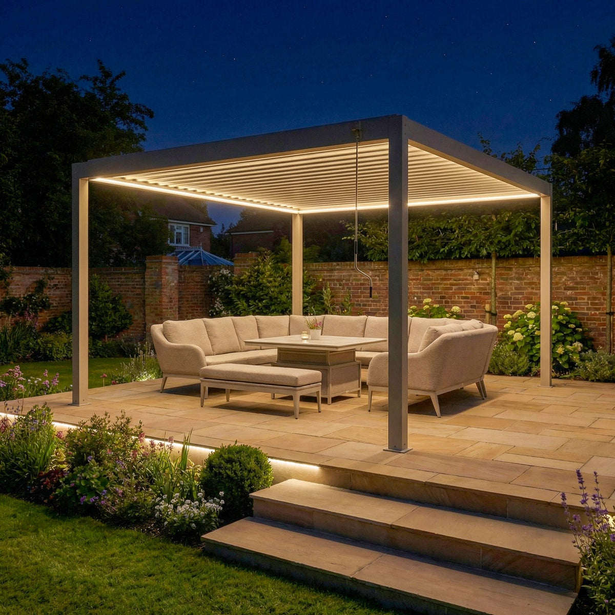 PergoSTET Plus 4m x 4m Square Pergola with LED Lighting - Frame Only in Latte