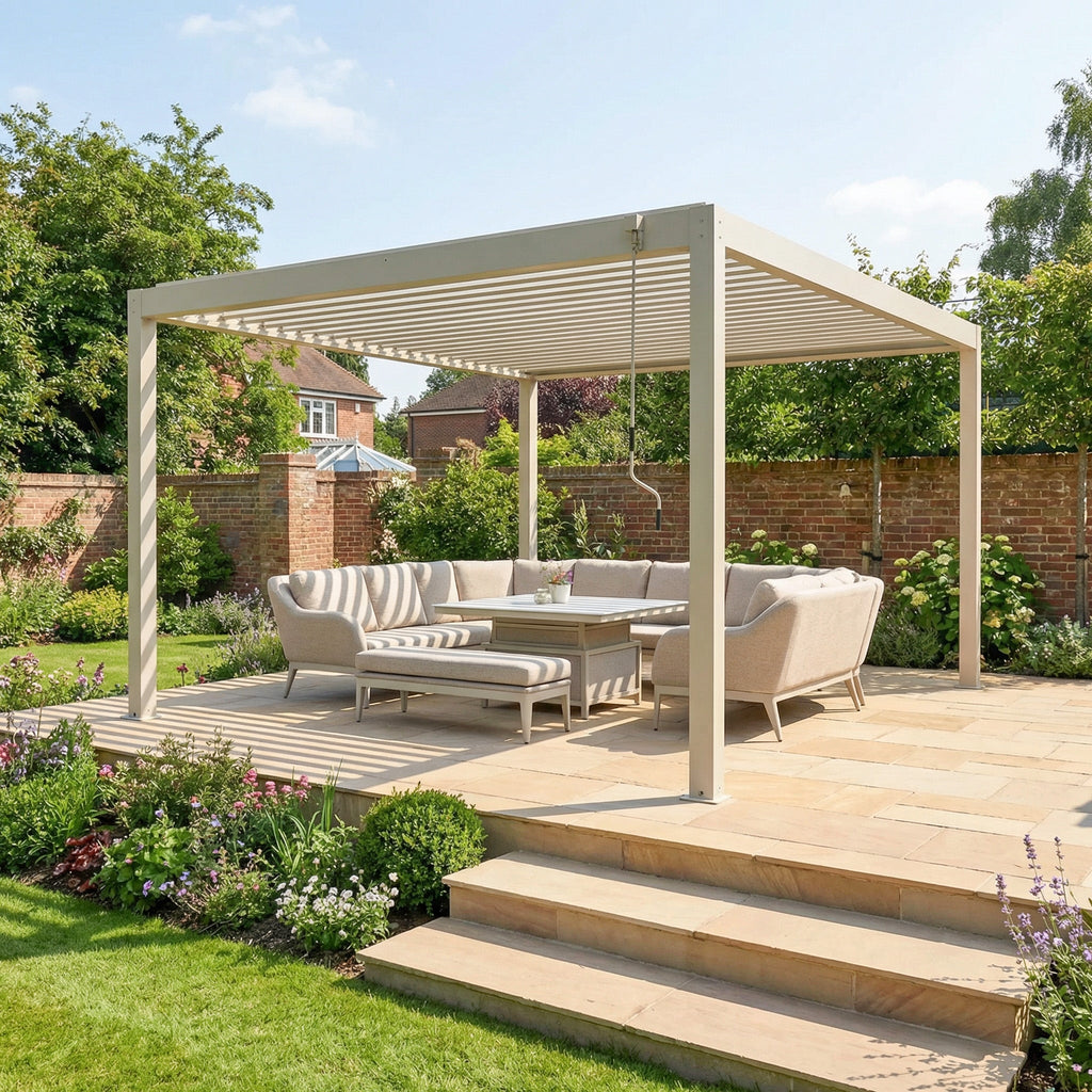 PergoSTET Plus 4m x 4m Square Pergola with LED Lighting - Frame Only in Latte