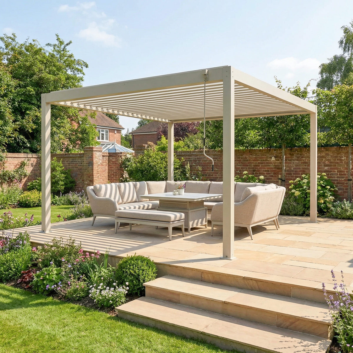PergoSTET Plus 4m x 4m Square Pergola with LED Lighting - Frame Only in Latte