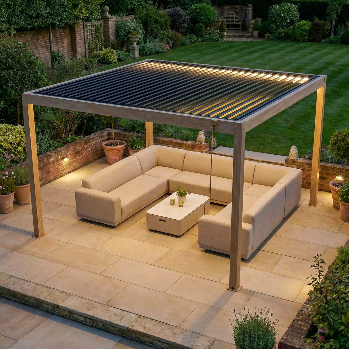 PergoSTET Plus Frame Only 4m x 4m Square Pergola with LED Lighting in Wood Effect