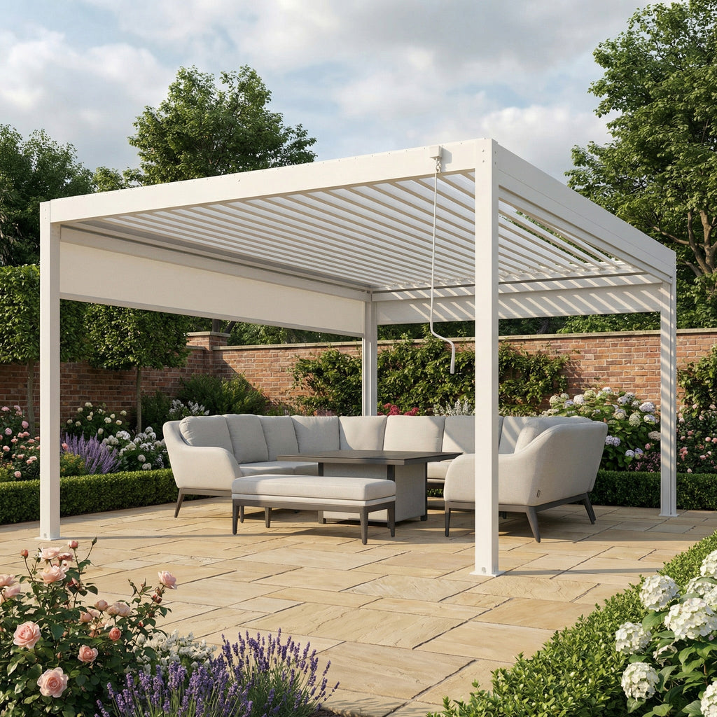 PergoSTET Plus 4m x 4m Square Pergola with 3 Manual Side Blinds and LED Lighting in White