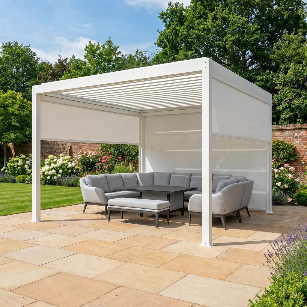 PergoSTET Plus 4m x 4m Square Pergola with 3 Manual Side Blinds and LED Lighting in White