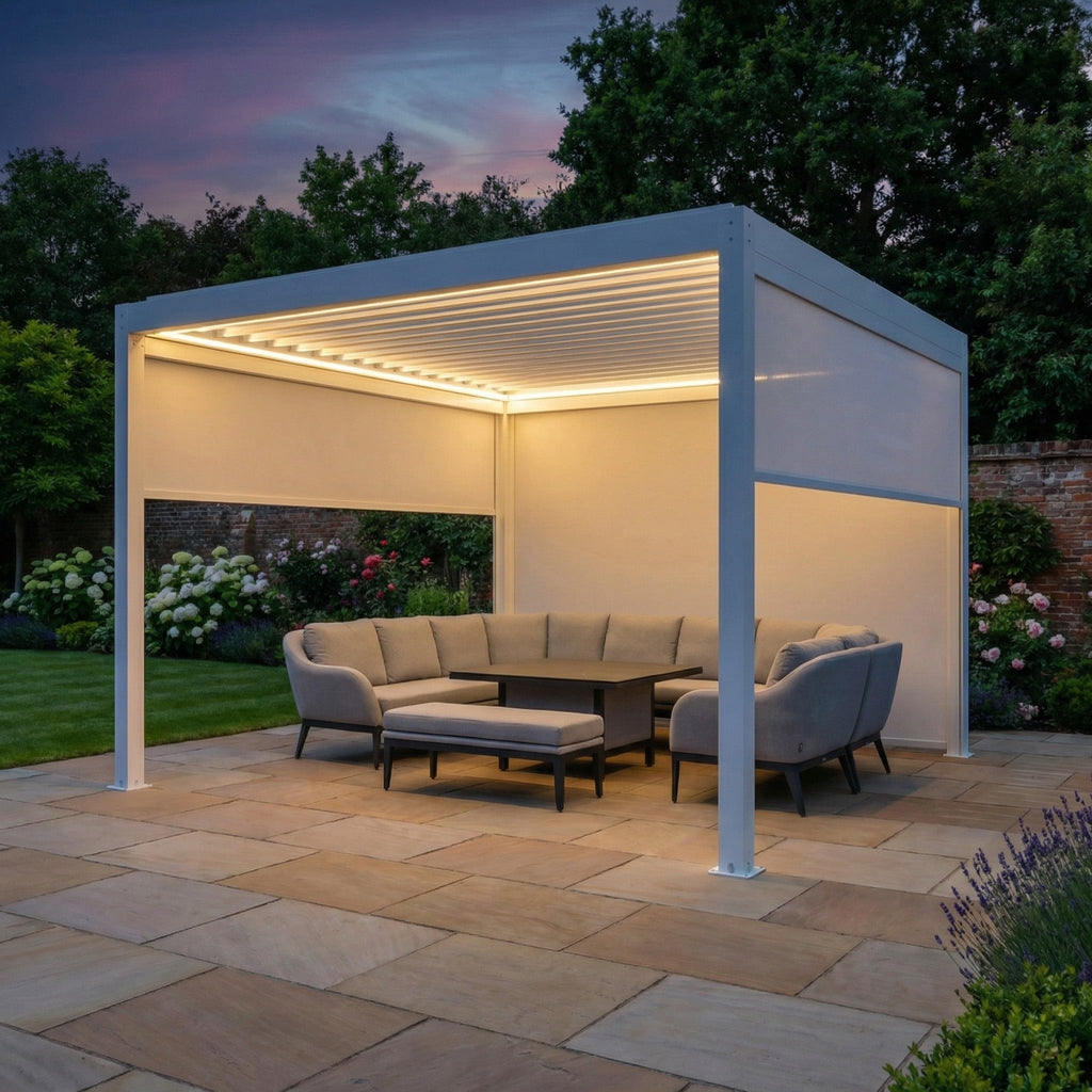 PergoSTET Plus 4m x 4m Square Pergola with 3 Manual Side Blinds and LED Lighting in White