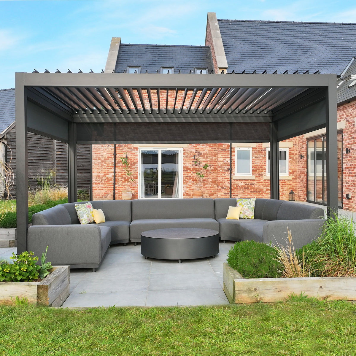 PergoSTET Deluxe 3m x 4m Rectangular Pergola with Motorised LED Louvres and 3 Manual Side Blinds in Grey