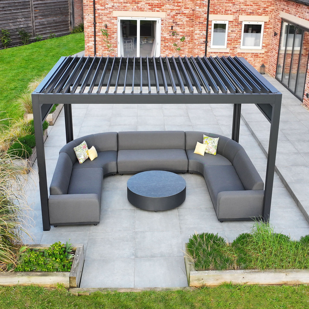 PergoSTET Deluxe 3m x 4m Rectangular Pergola with Motorised LED Louvres and 3 Manual Side Blinds in Grey