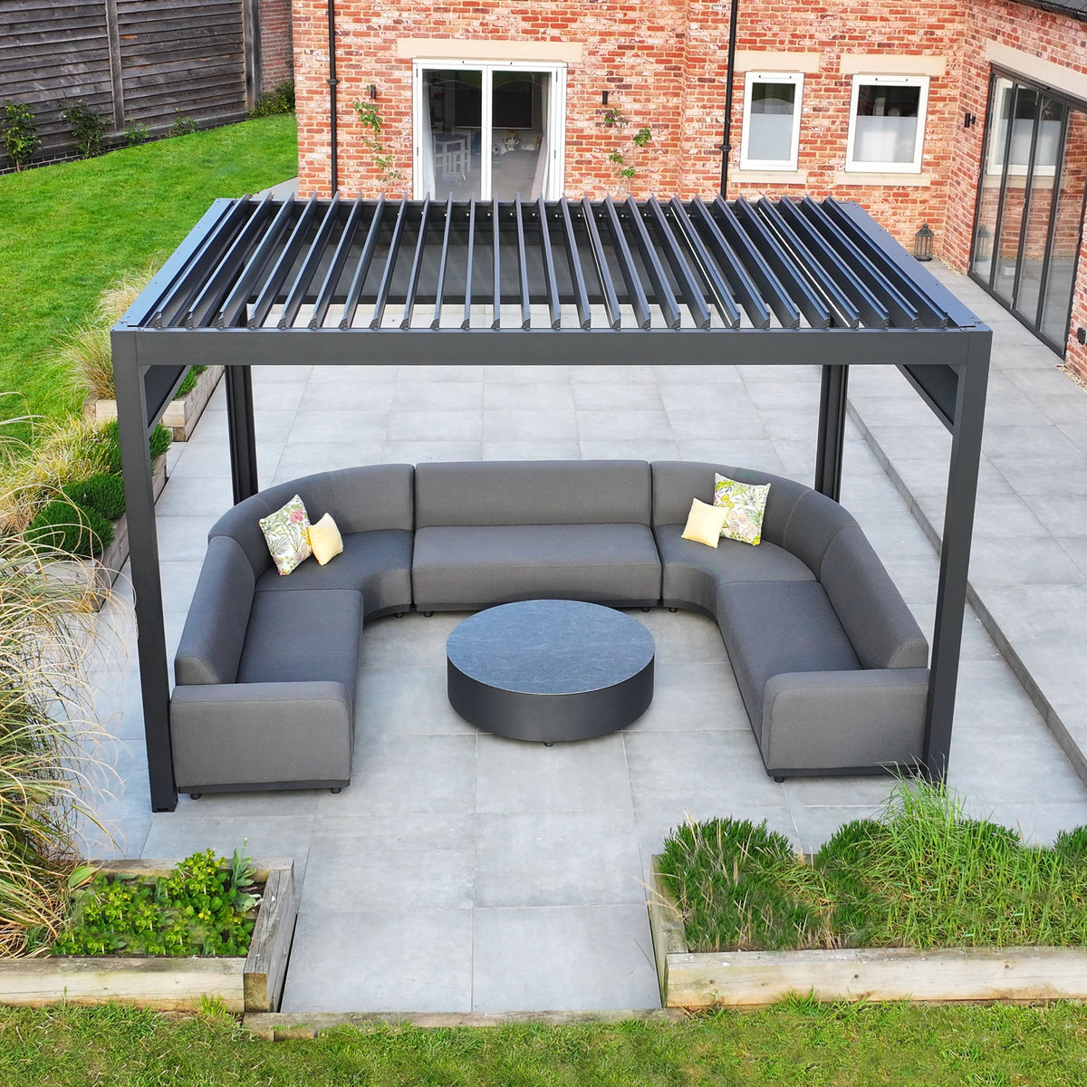 PergoSTET Deluxe 3m x 4m Rectangular Pergola with Motorised LED Louvres and 3 Manual Side Blinds in Grey