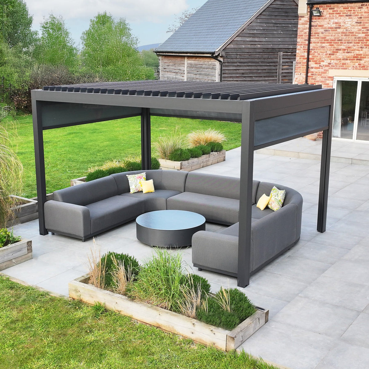 PergoSTET Deluxe 3m x 4m Rectangular Pergola with Motorised LED Louvres and 3 Manual Side Blinds in Grey
