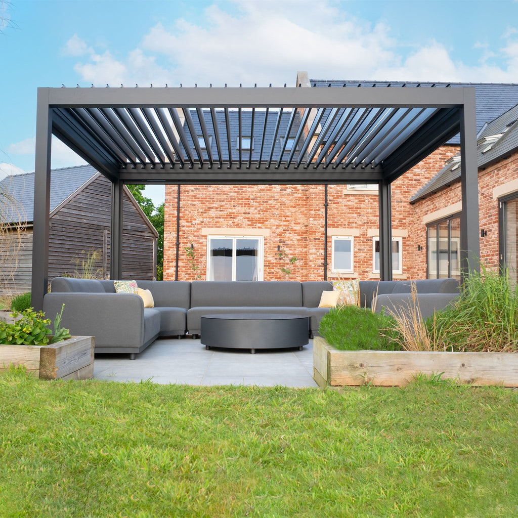 PergoSTET Deluxe 3m x 4m Rectangular Pergola with Motorised LED Louvres and 3 Manual Side Blinds in Grey