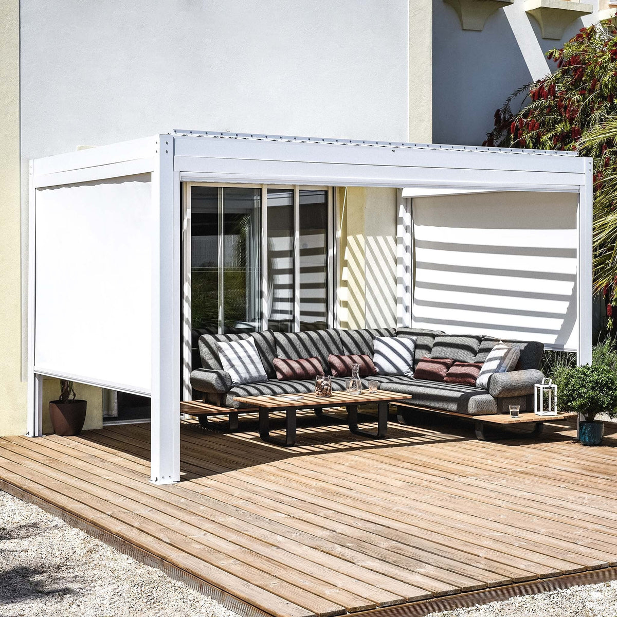 PergoSTET Plus 3m x 4m Rectangular Pergola with 3 Manual Side Blinds and LED Lighting in White