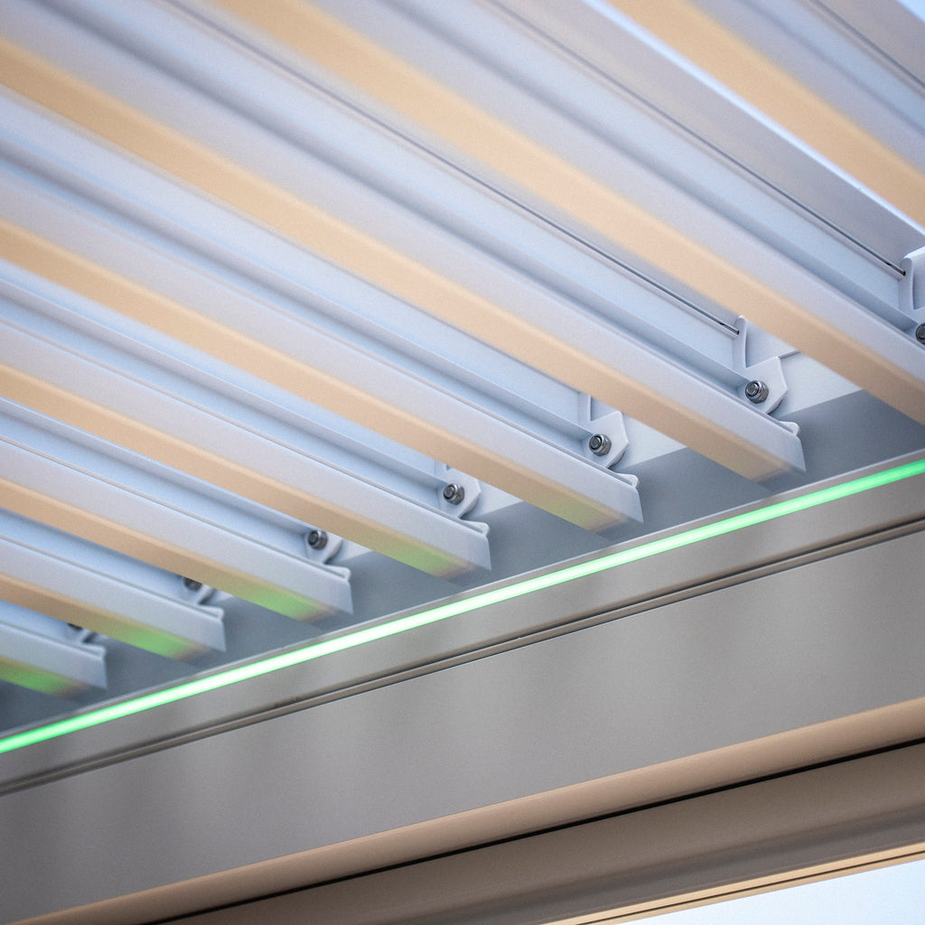 PergoSTET Plus 4m x 4m Square Pergola with 3 Manual Side Blinds and LED Lighting in White