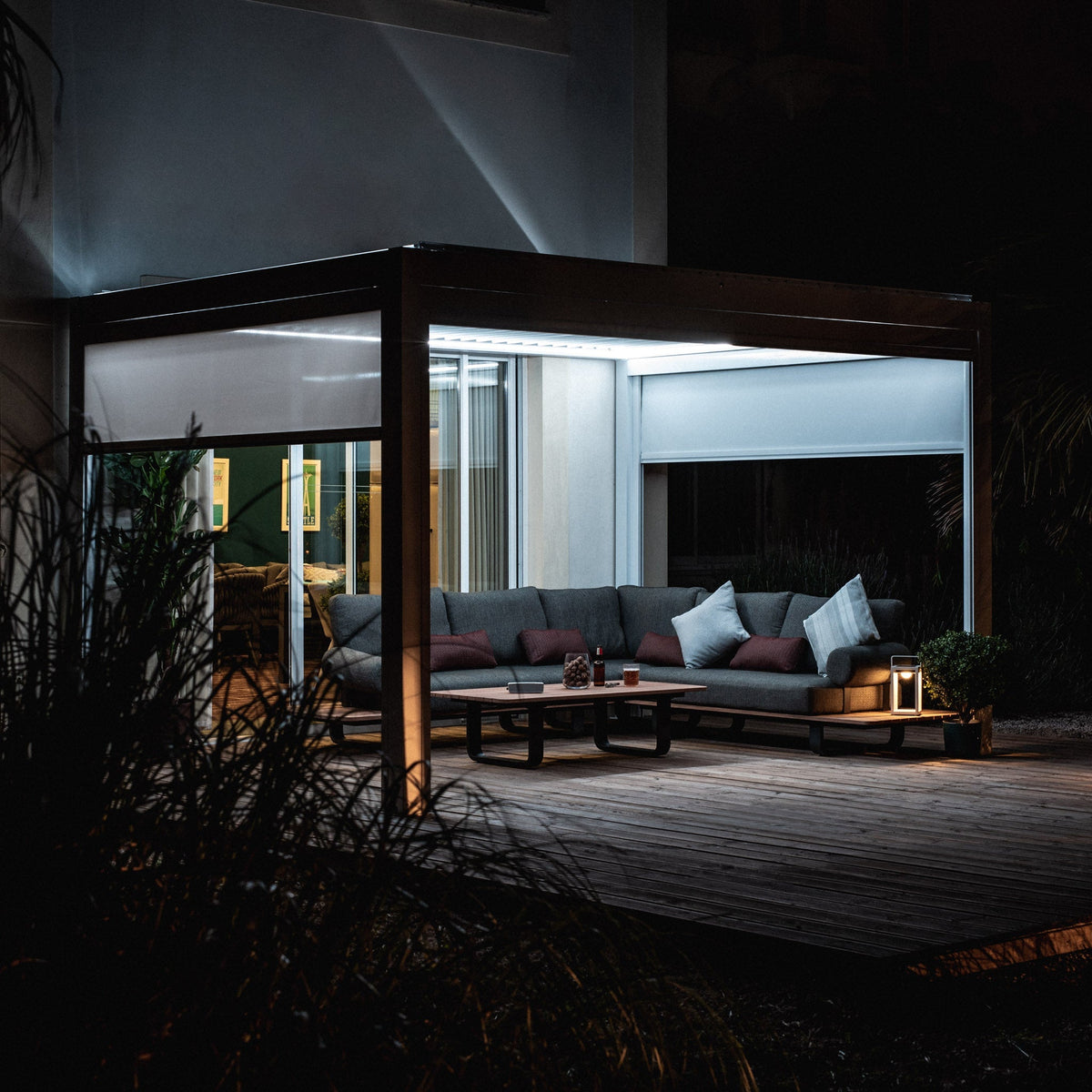 PergoSTET Plus 4m x 4m Square Pergola with 3 Manual Side Blinds and LED Lighting in White