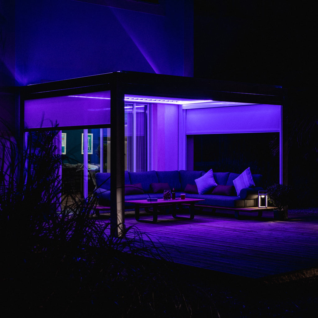 PergoSTET Plus 3m x 3m Square Pergola with 3 Manual Side Blinds and LED Lighting in White