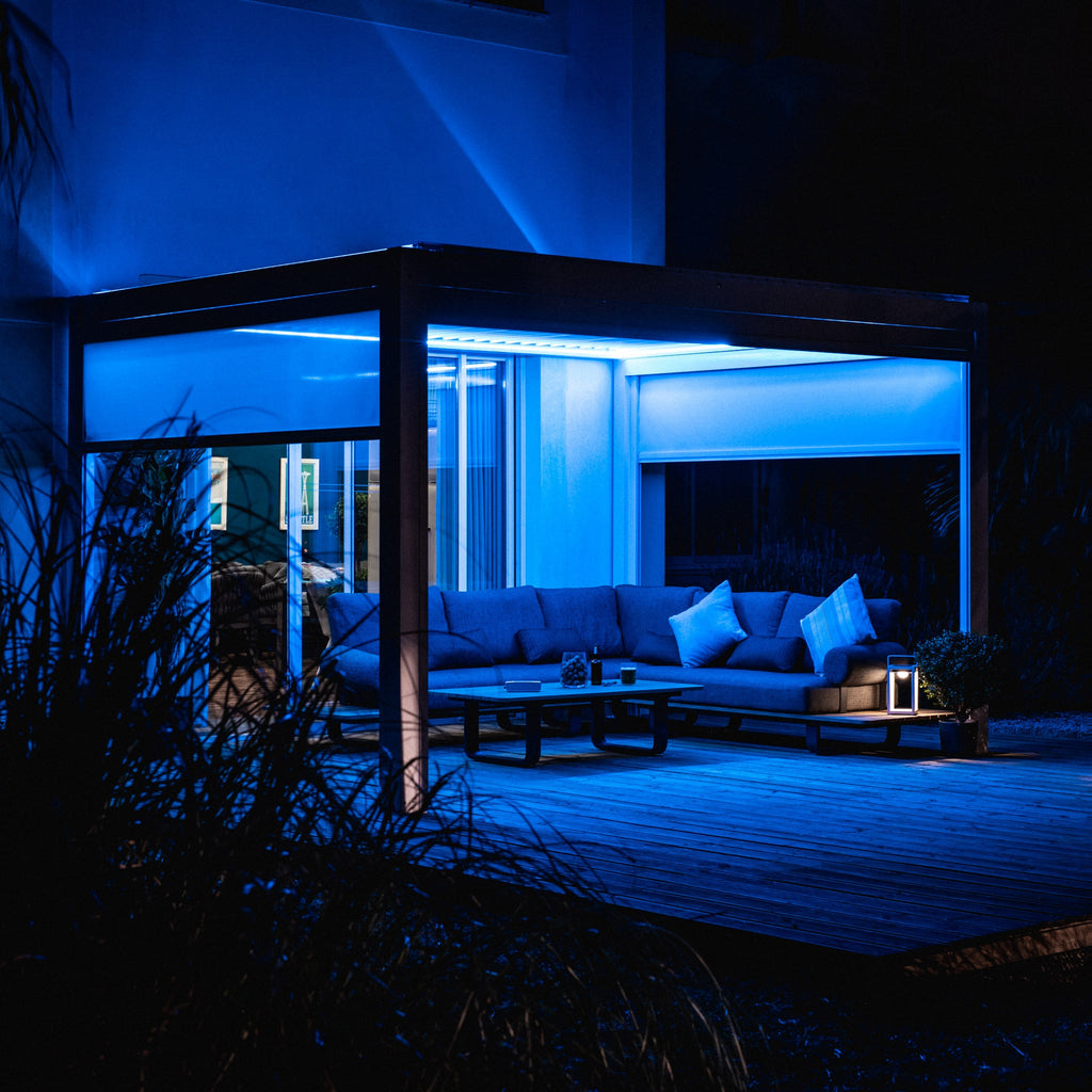 PergoSTET Plus 3m x 3m Square Pergola with 3 Manual Side Blinds and LED Lighting in White