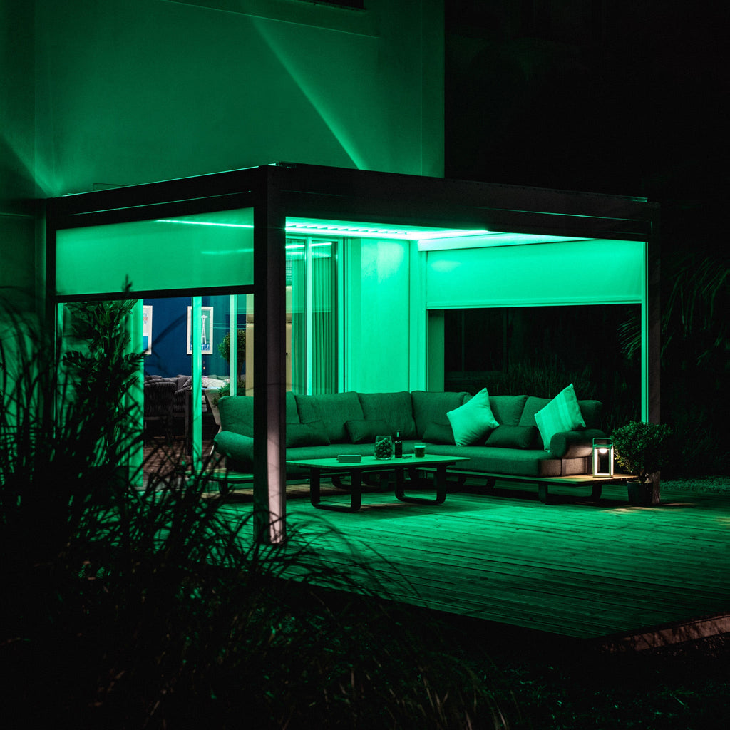 PergoSTET Plus 3m x 3m Square Pergola with 3 Manual Side Blinds and LED Lighting in White