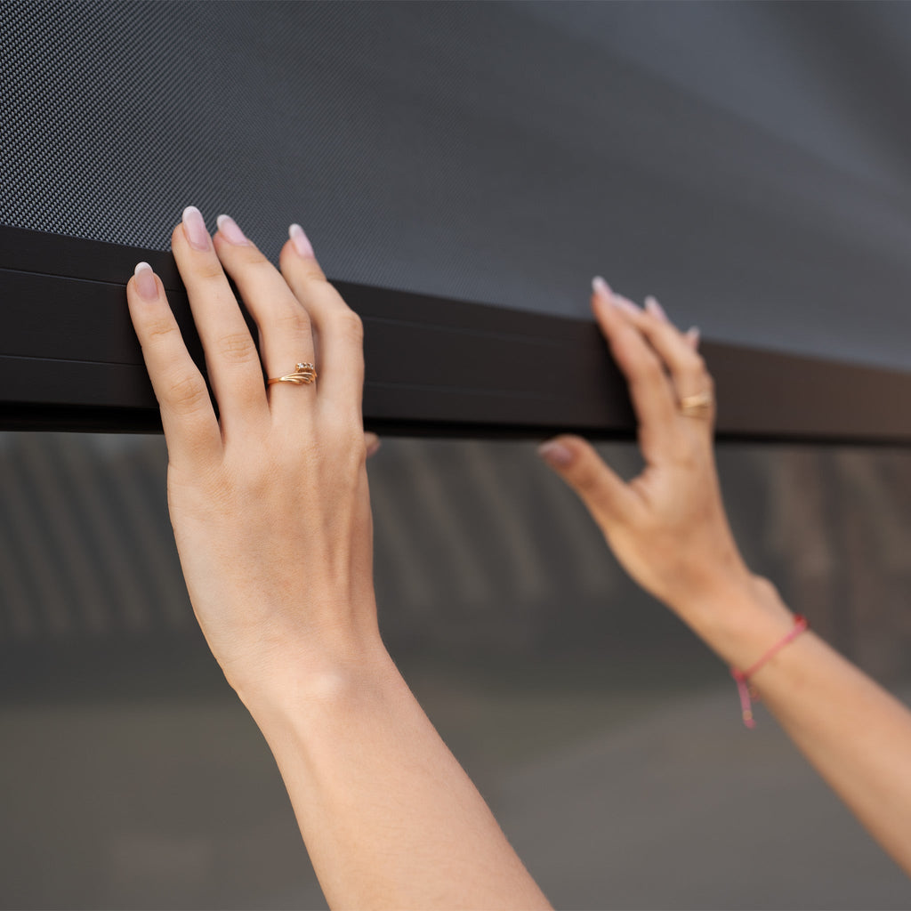 PergoSTET Deluxe 3m x 4m Rectangular Pergola with Motorised LED Louvres and 3 Manual Side Blinds in Grey
