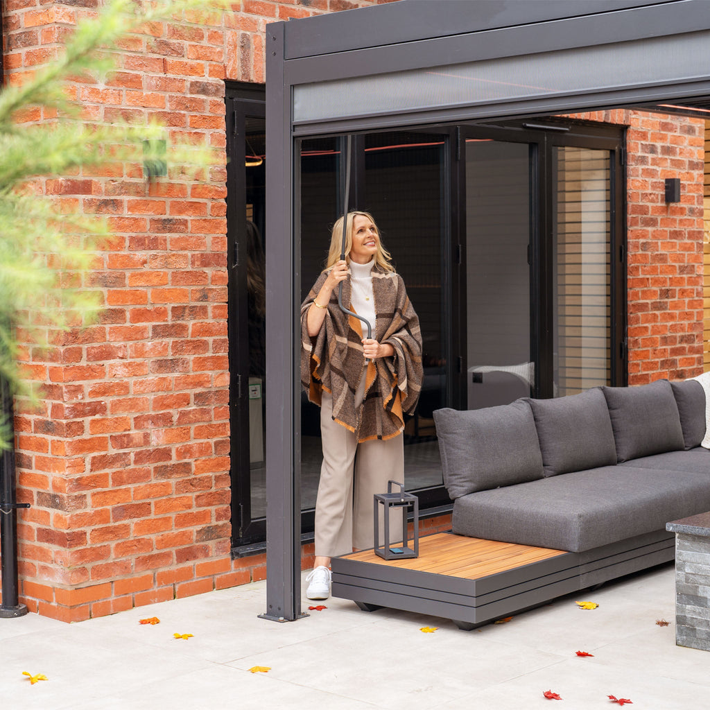 PergoSTET Plus 3m x 3m Square Pergola with 3 Manual Side Blinds and LED Lighting in Grey