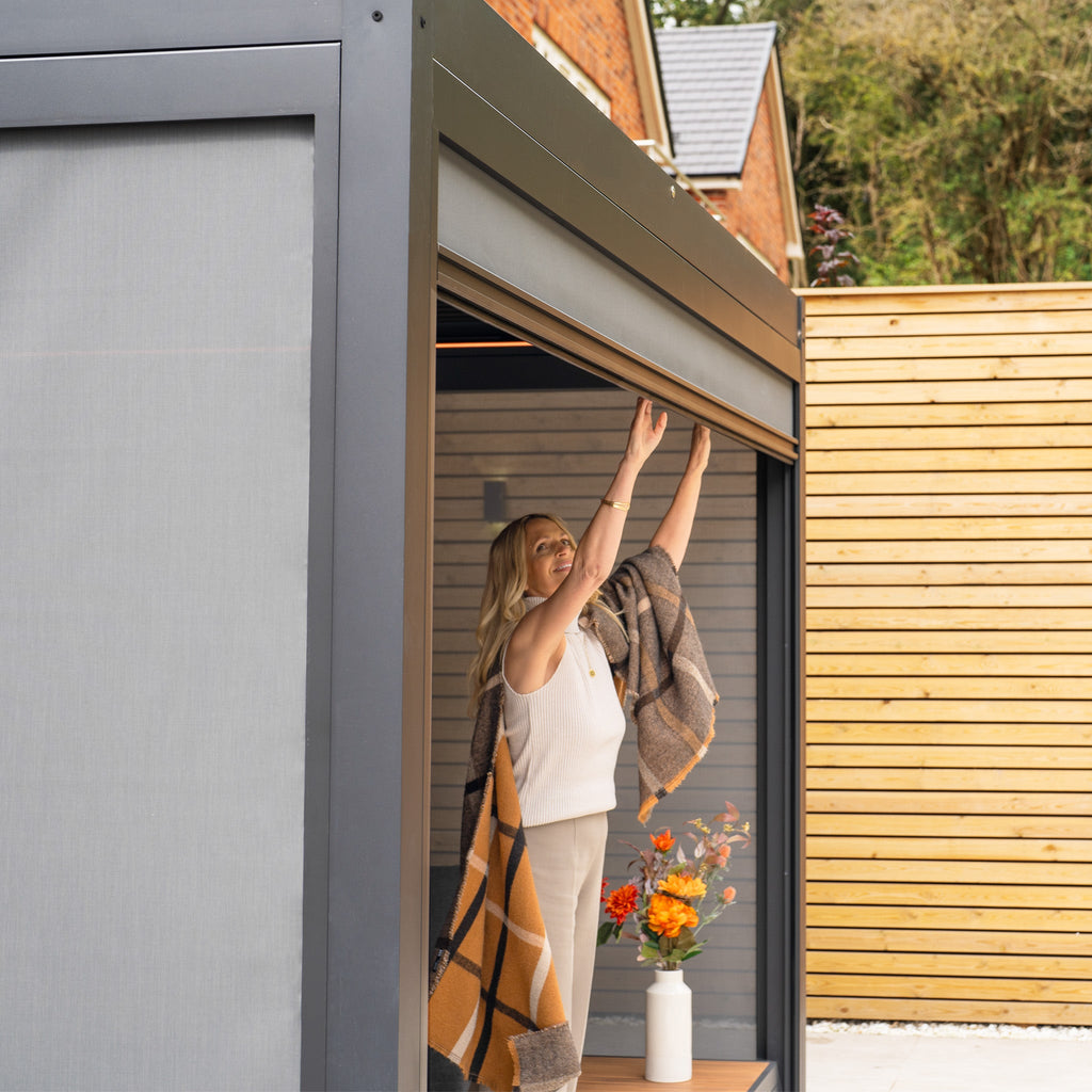PergoSTET Plus 3m x 3m Square Pergola with 3 Manual Side Blinds and LED Lighting in Grey