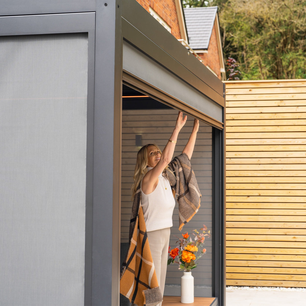 PergoSTET Plus 3m x 3m Square Pergola with 3 Manual Side Blinds and LED Lighting in Grey