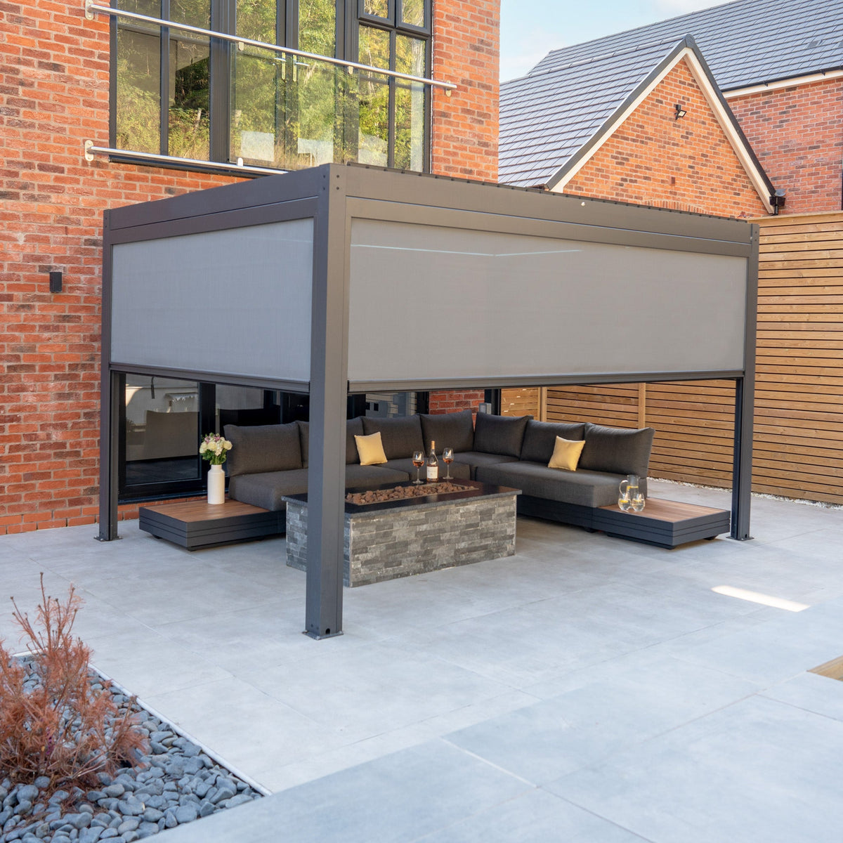 PergoSTET Plus 3m x 4m Rectangular Pergola with 3 Manual Side Blinds and LED Lighting in Grey