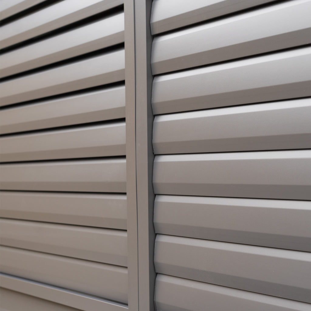 PergoSTET Deluxe 3m x 6m Rectangular Pergola with Motorised LED Louvres, Louvred Side Panels and Manual Side Blinds in Grey