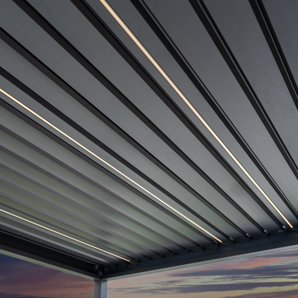 PergoSTET Deluxe 3m x 3m Square Pergola with Motorised LED Louvres and 3 Manual Side Blinds in Grey