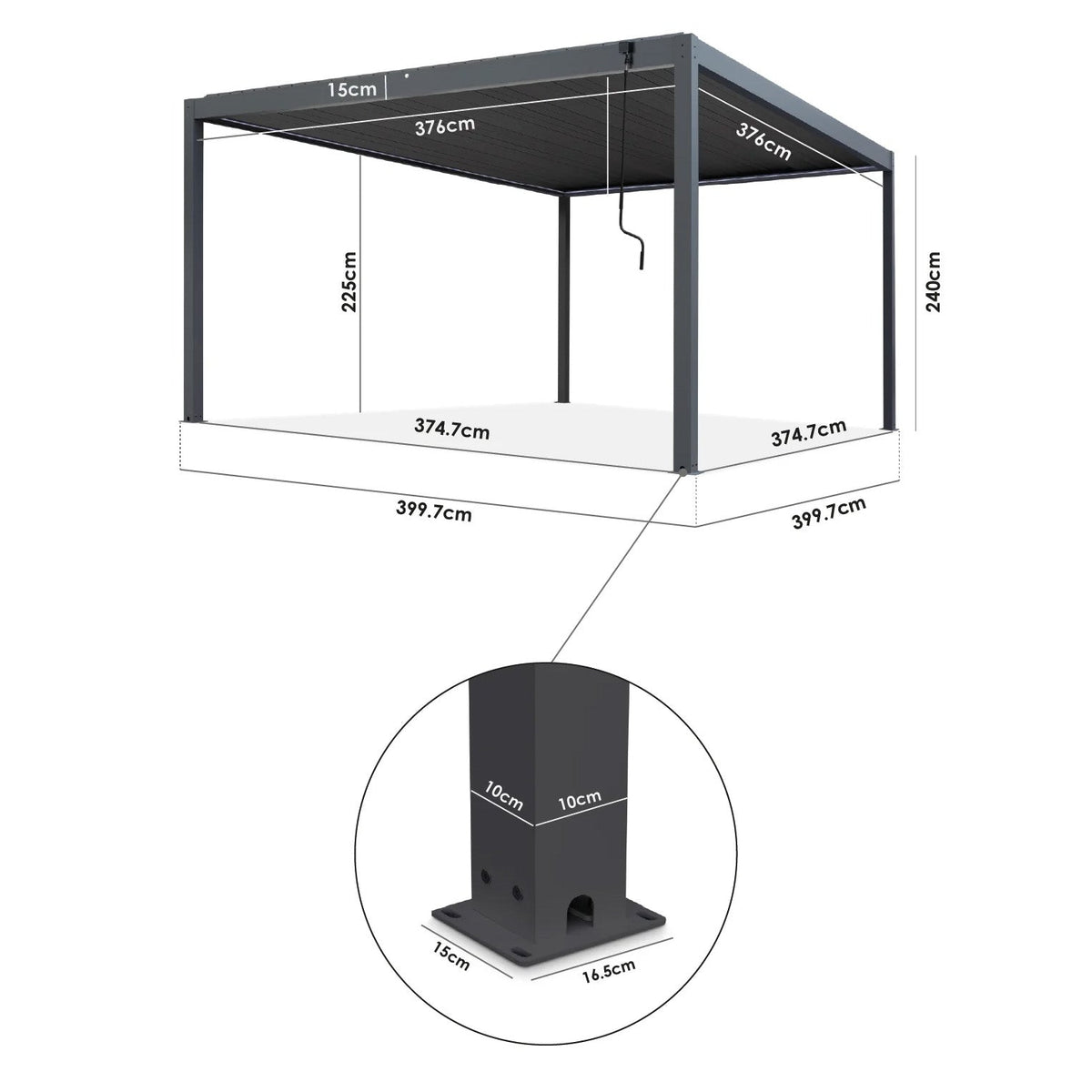 PergoSTET Plus 4m x 4m Square Pergola with 3 Manual Side Blinds and LED Lighting in White