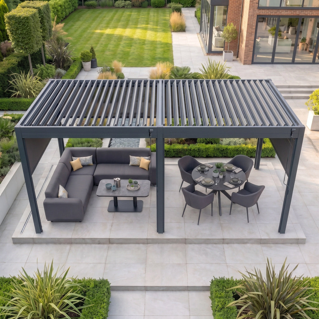 PergoSTET Pro 3m x 6m Rectangular Pergola with 4 Manual Side Blinds and LED Lighting in Grey
